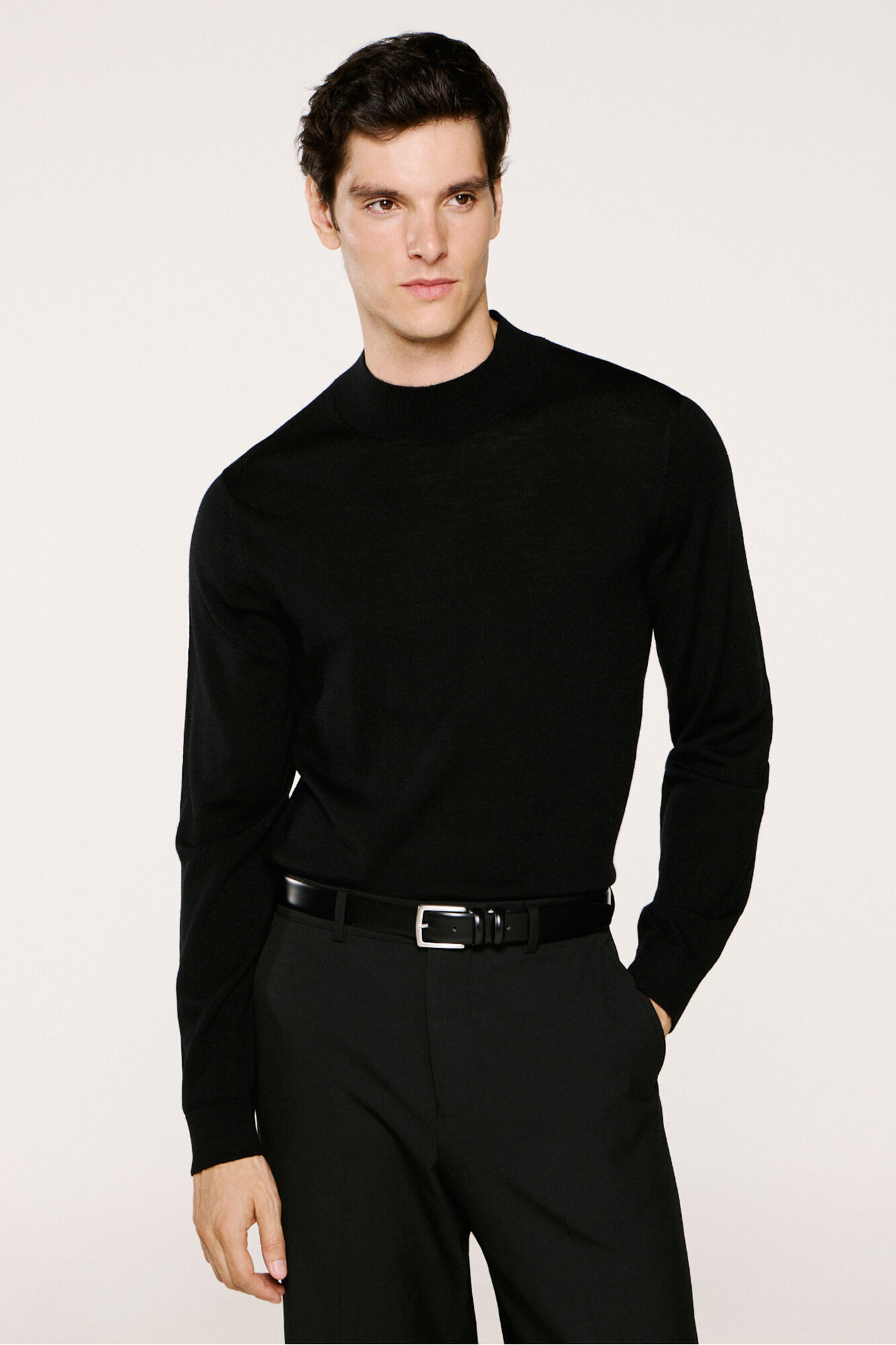 Selected 100% merino wool mock neck jumper . Black
