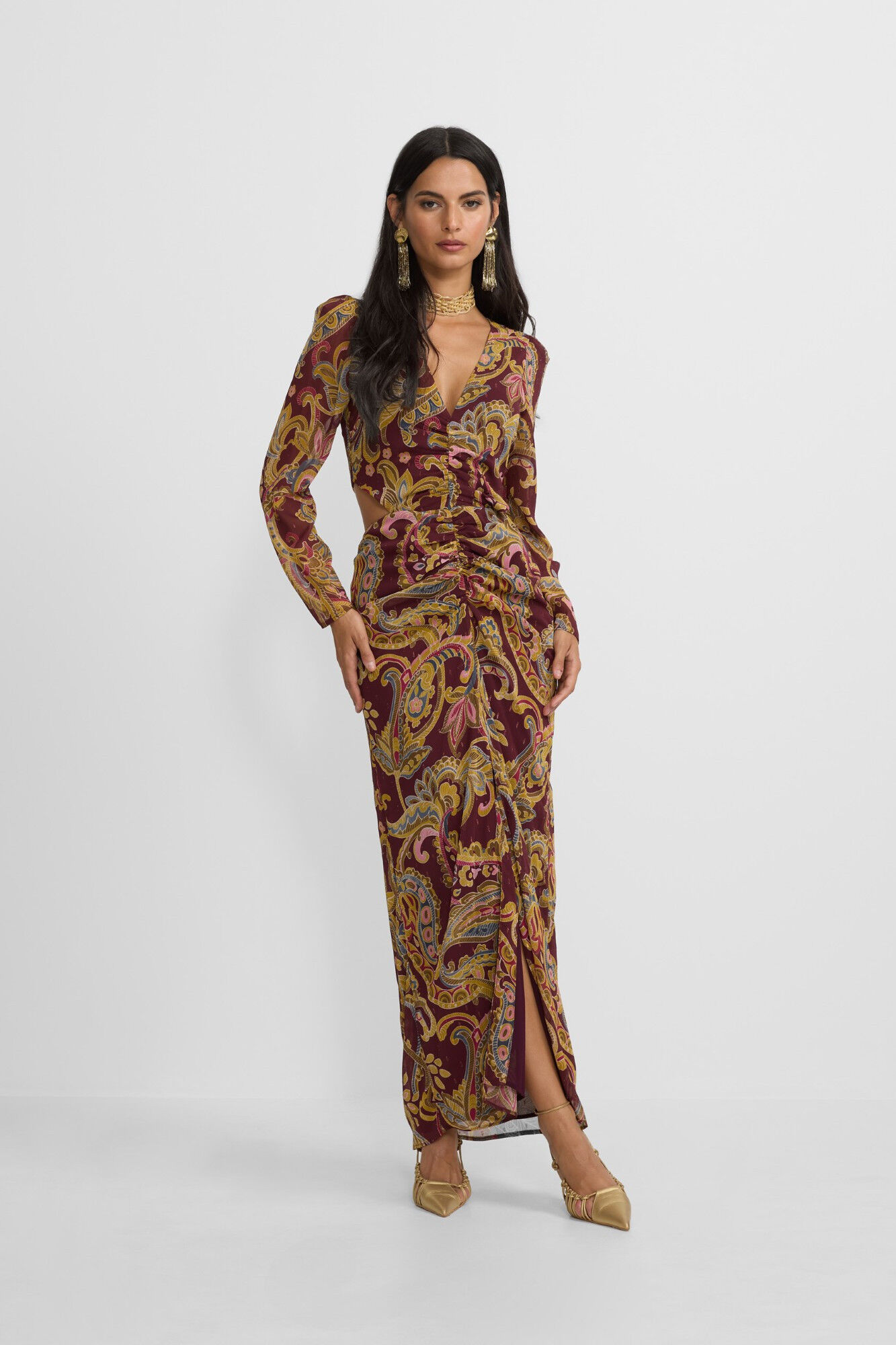 Silbon Vestido longo com fenda estampado em cashmere