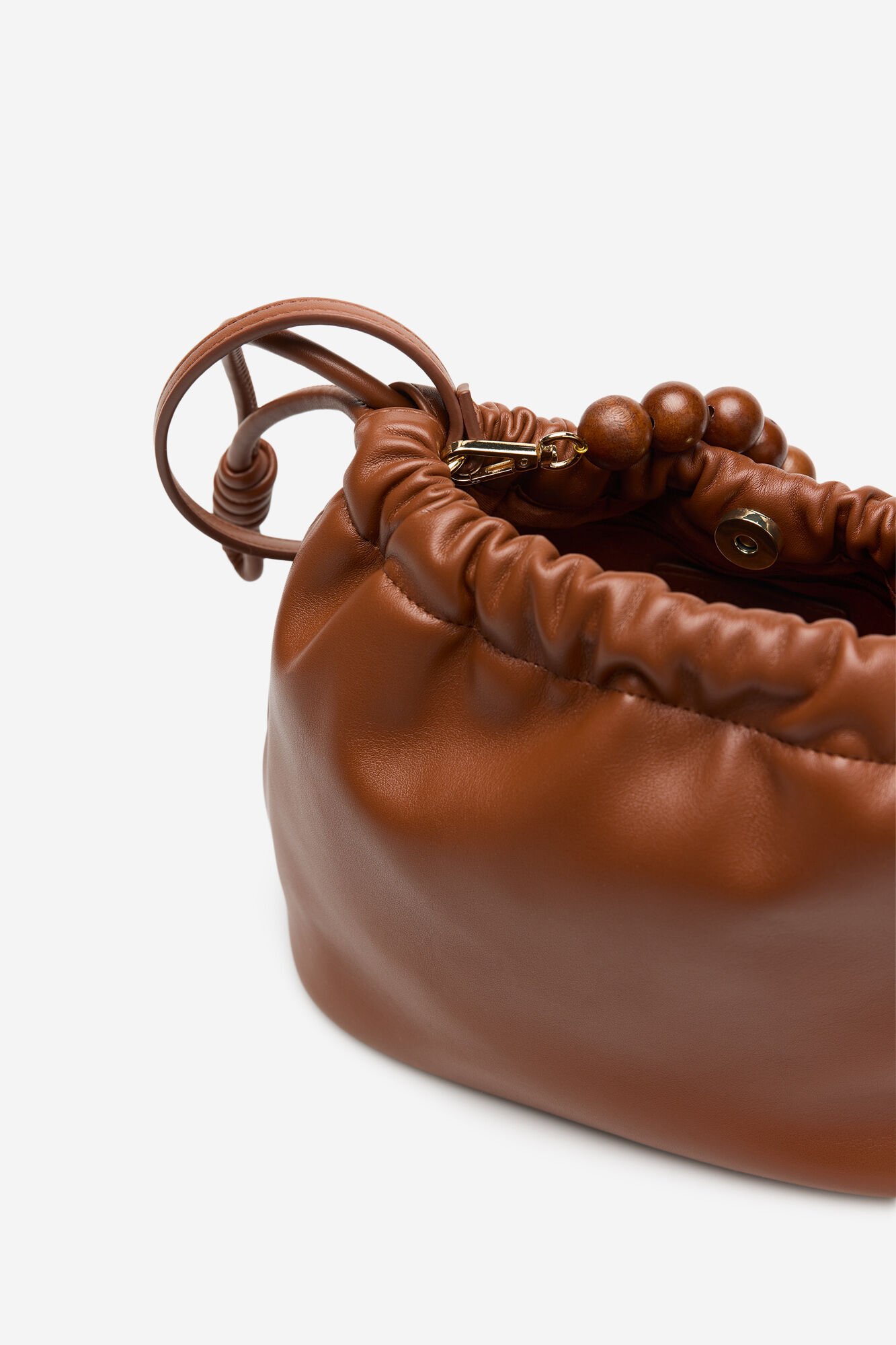 Cortefiel Gathered bag with wooden bead handle Brown