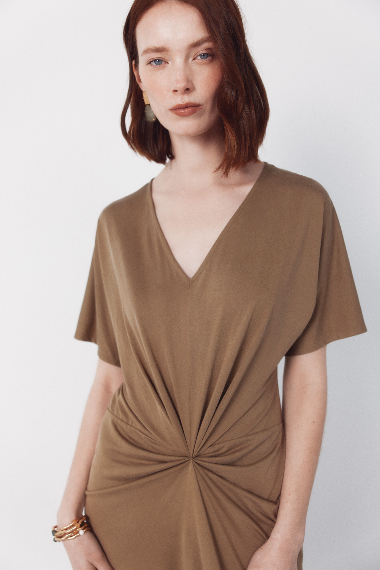 Cortefiel Long knotted dress Kaki