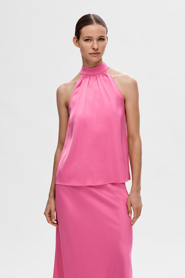 Cortefiel Sleeveless halterneck top made with recycled materials. Pink