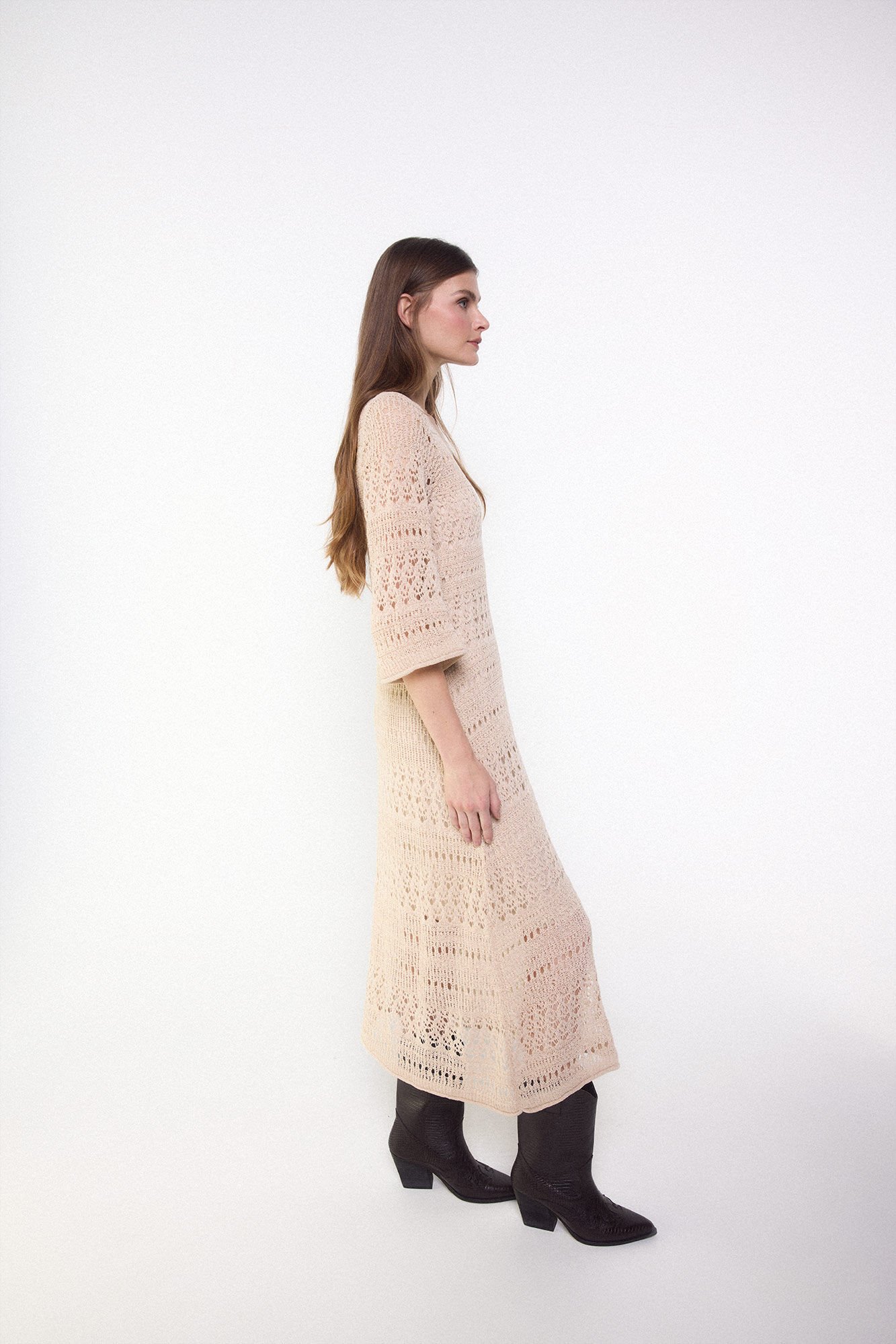 Slowlove Vestido punto calado Arena