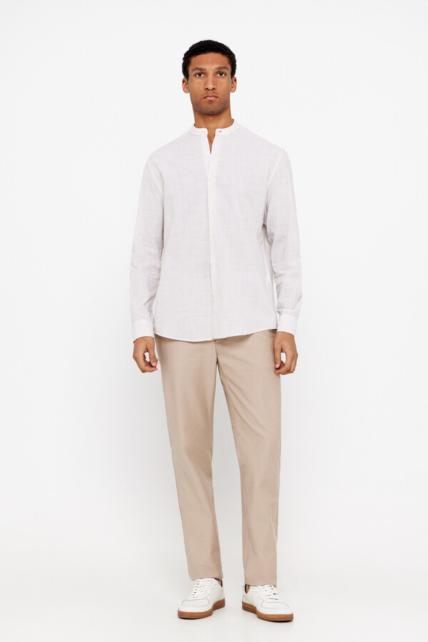 Cortefiel Striped slub cotton shirt with Mandarin collar Beige