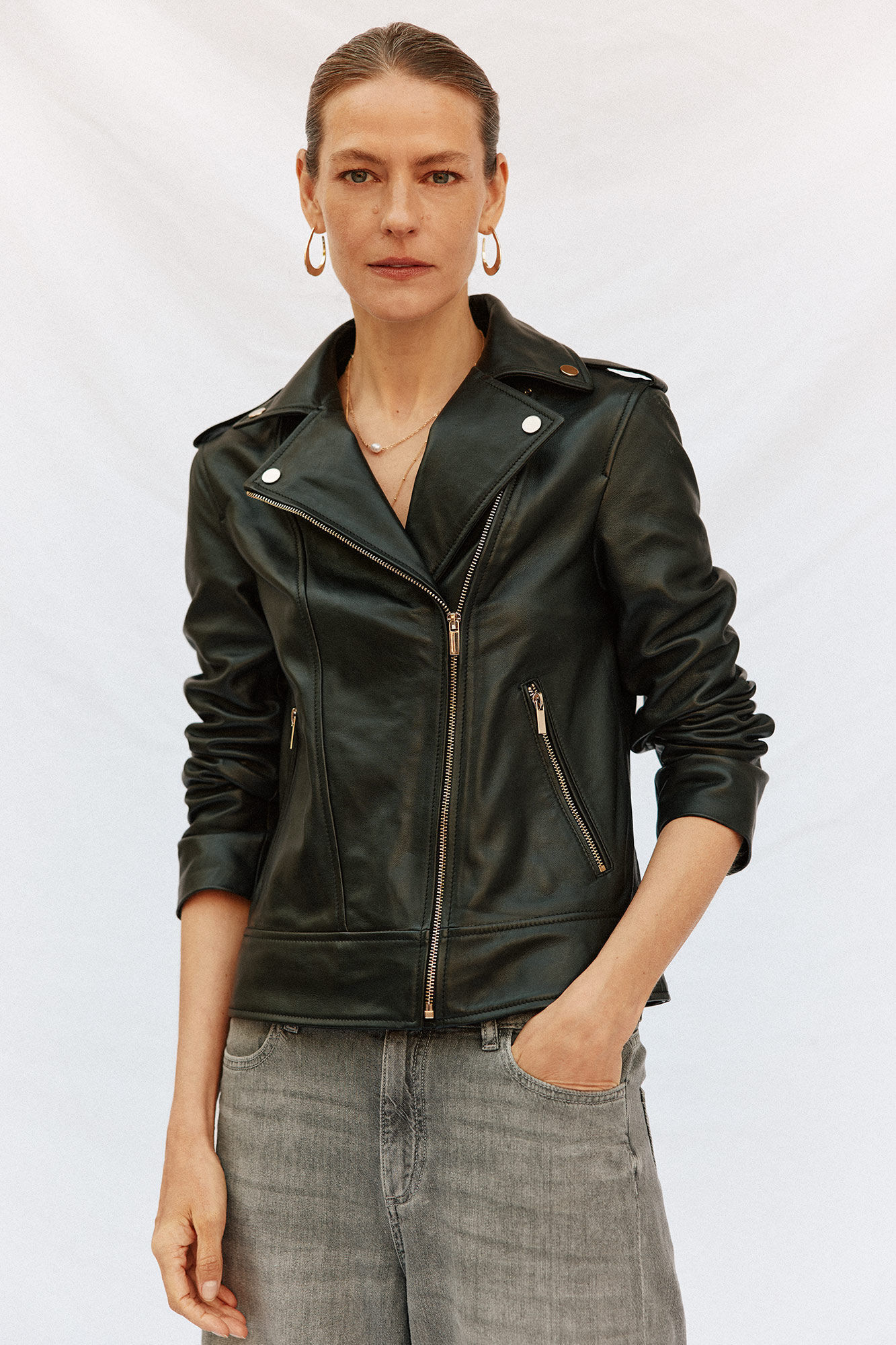 Cortefiel Cazadora de piel cremallera Negro