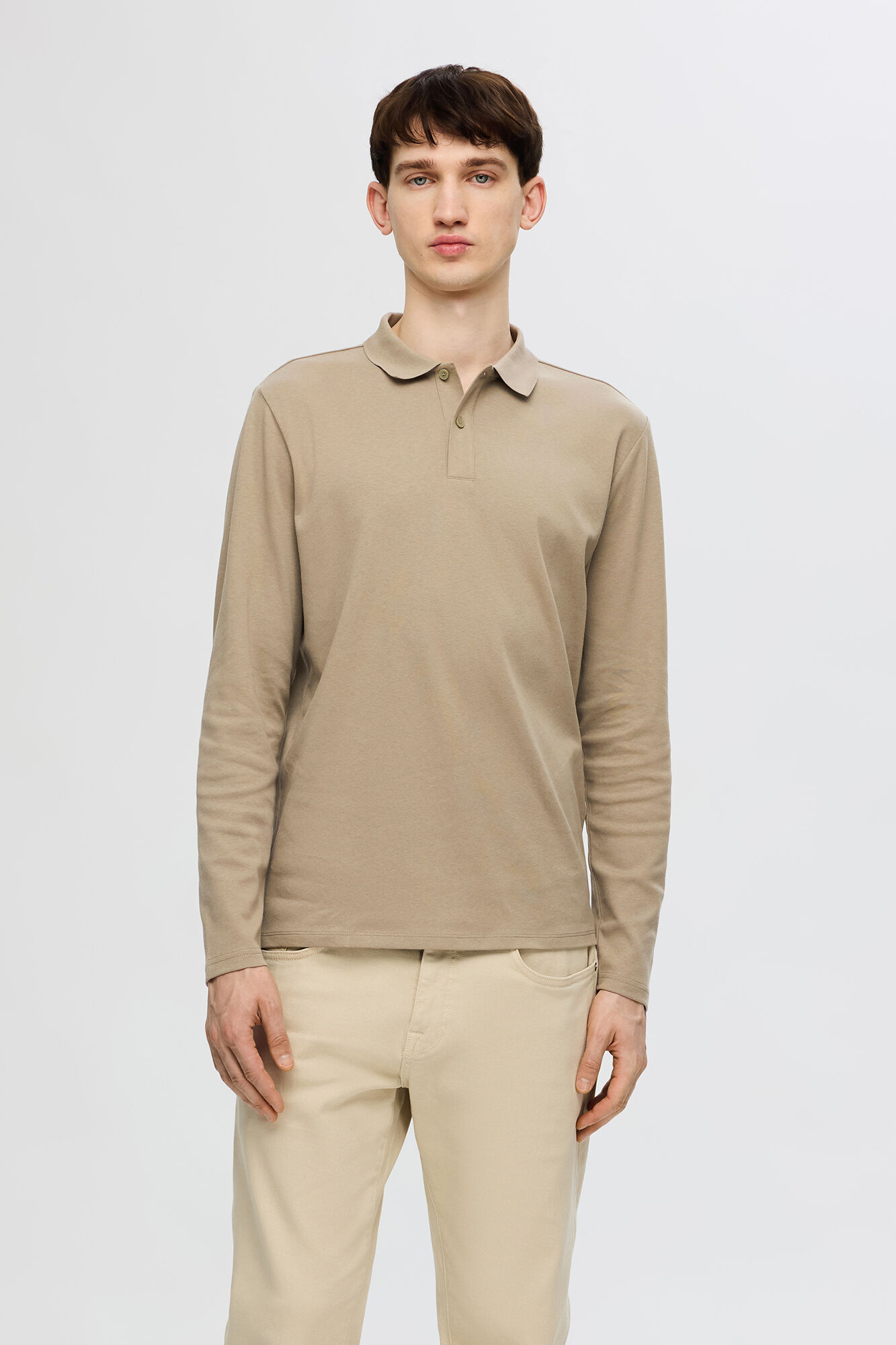 Selected Polo de manga comprida de algod&atilde;o reciclado.  Cinzento