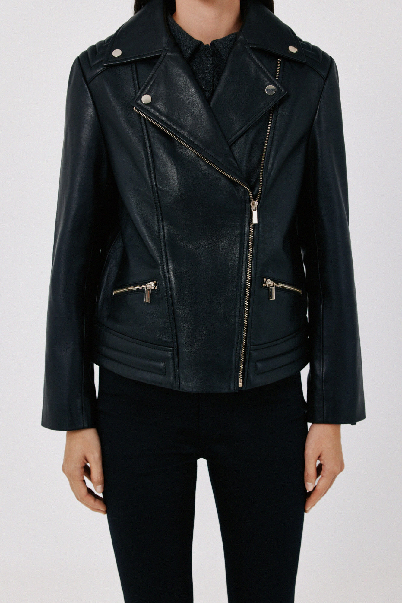 Cortefiel Leather zip fastening jacket Black
