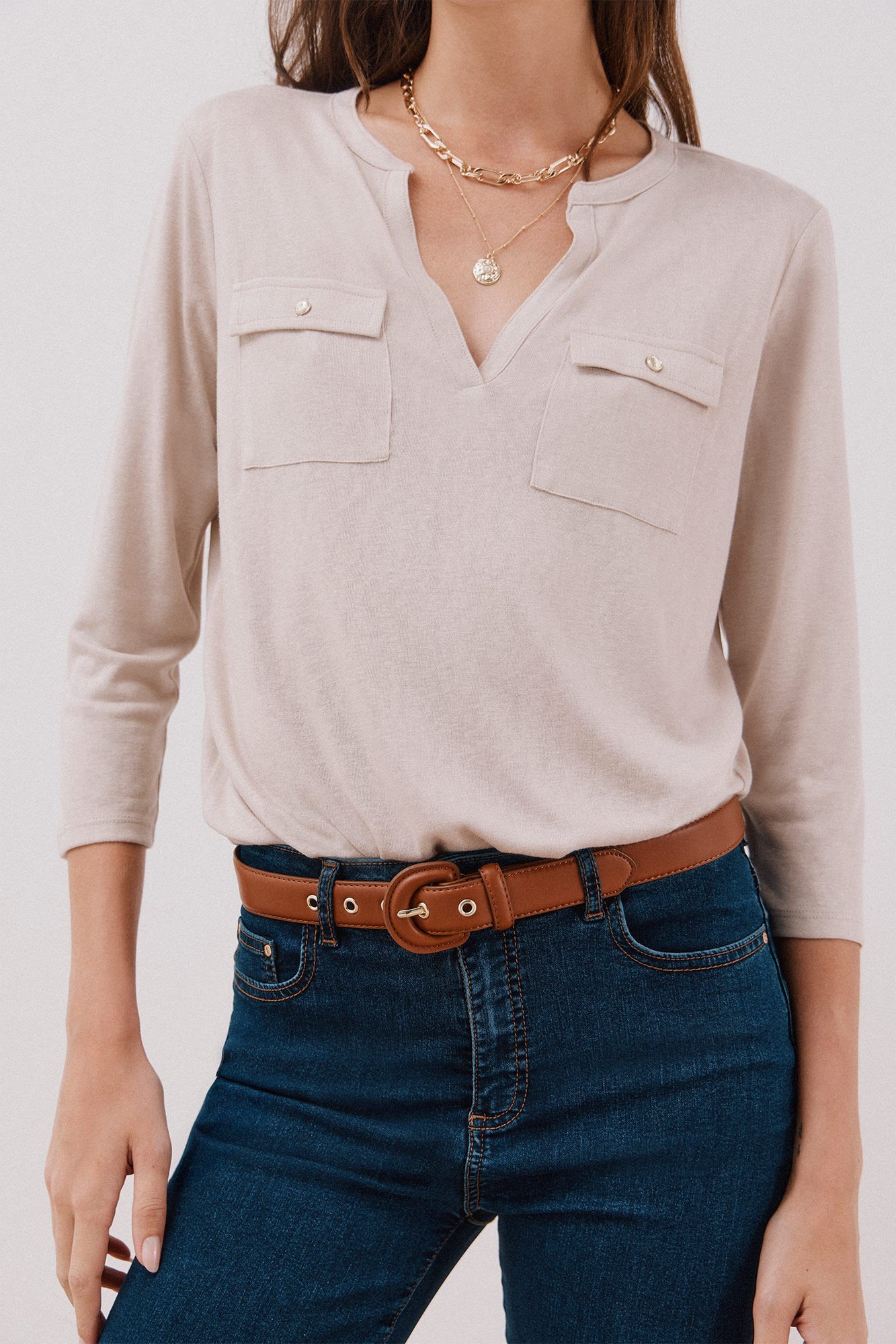 Cortefiel linen effect mandarin collar T-shirt