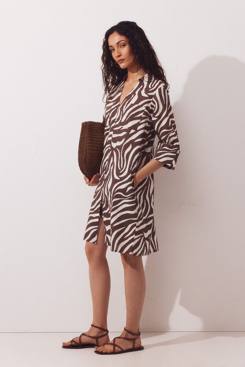 Cortefiel Printed cotton shirt kaftan Printed brown