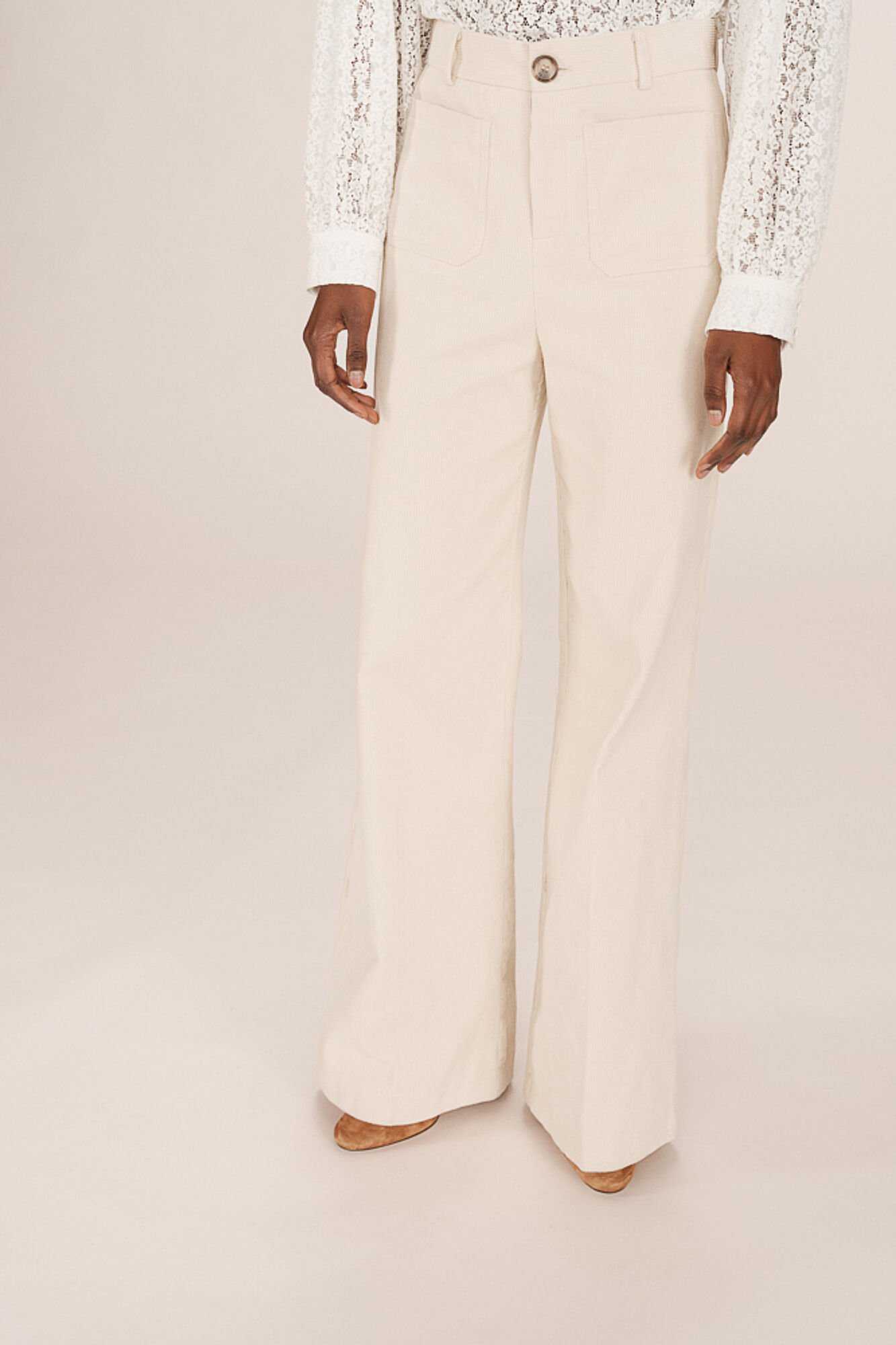 Grace & Mila Cal&ccedil;a de veludo cotel&ecirc; com bolsos frontais Branco