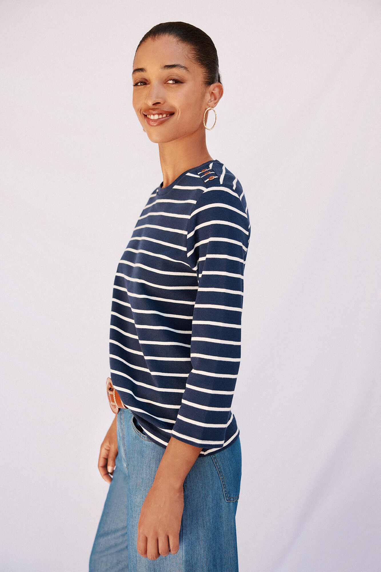 Cortefiel Basic T-shirt with gold buttons Printed blue