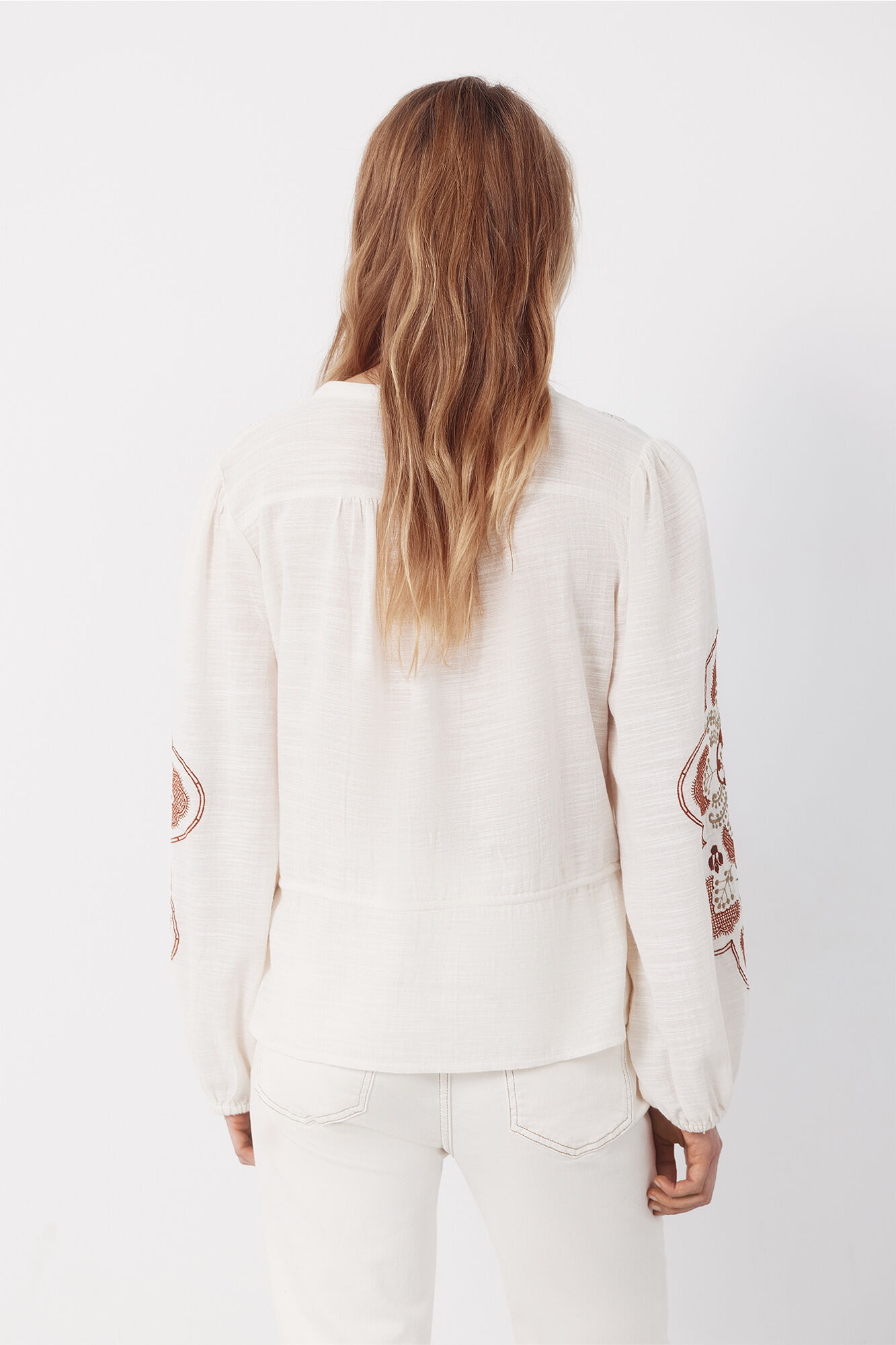 Cortefiel Embroidered blouse with adjustable waist Ivory