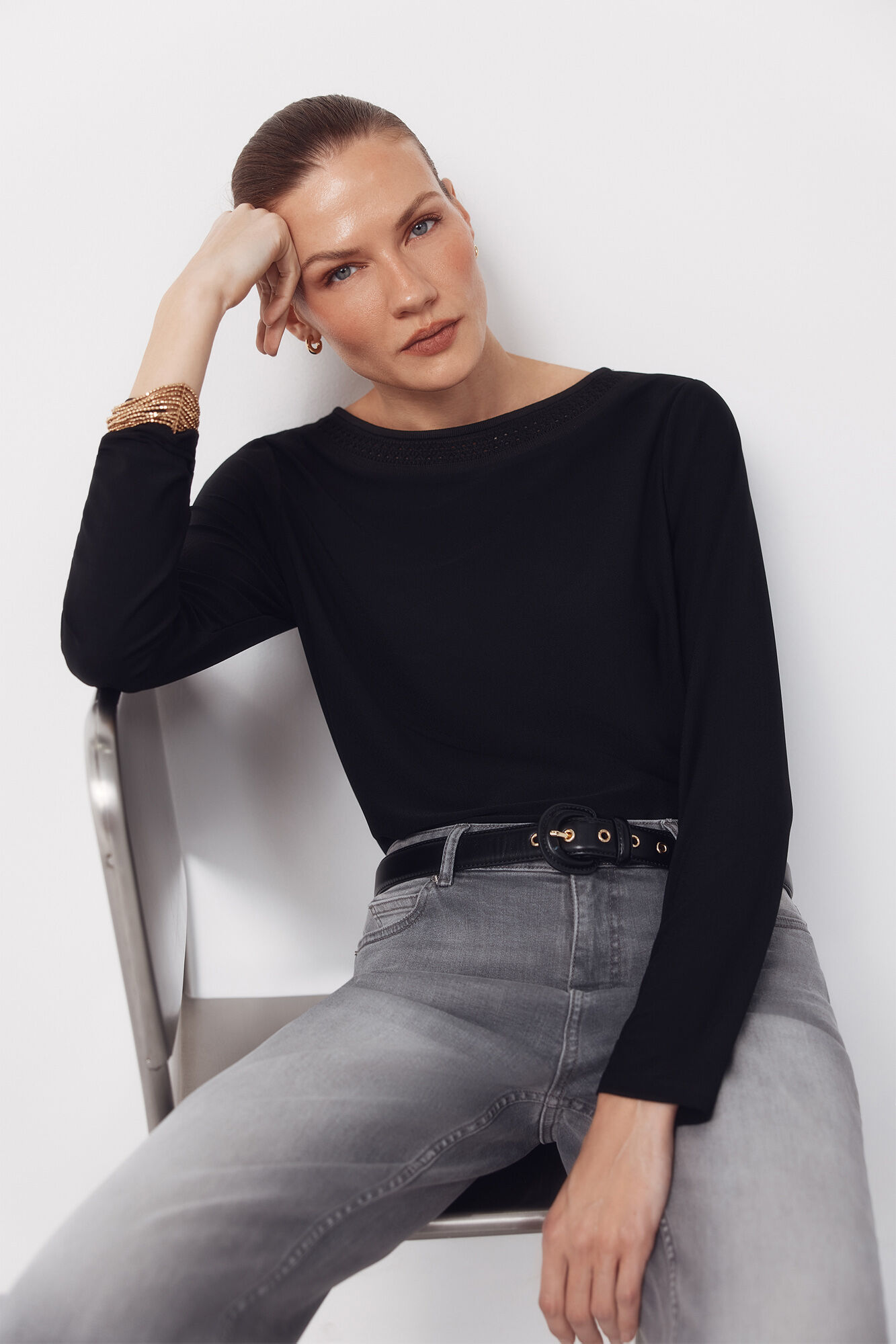 Cortefiel Camiseta escote barco lace Negro