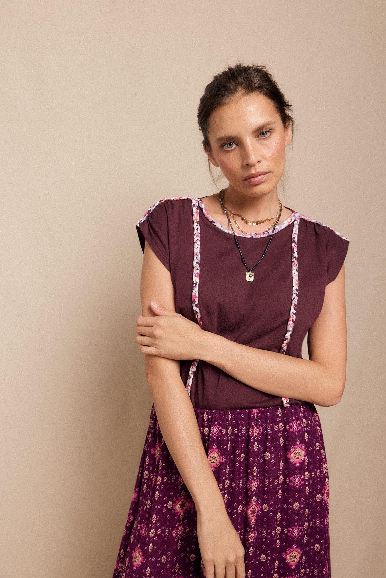 Slowlove Gathered braided t-shirt Maroon