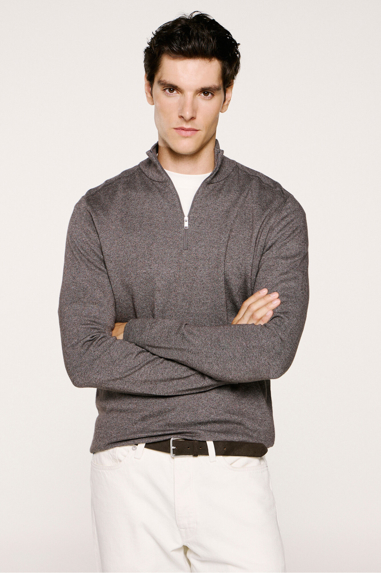 Selected Malha 100% camisola com meia fecho-&eacute;clair . Cinzento