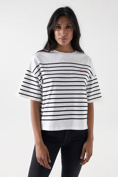 Cortefiel Striped T-shirt with branding Beige
