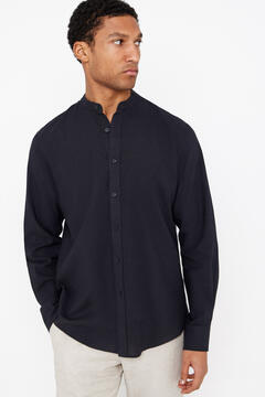Cortefiel Linen cotton mandarin collar shirt Black