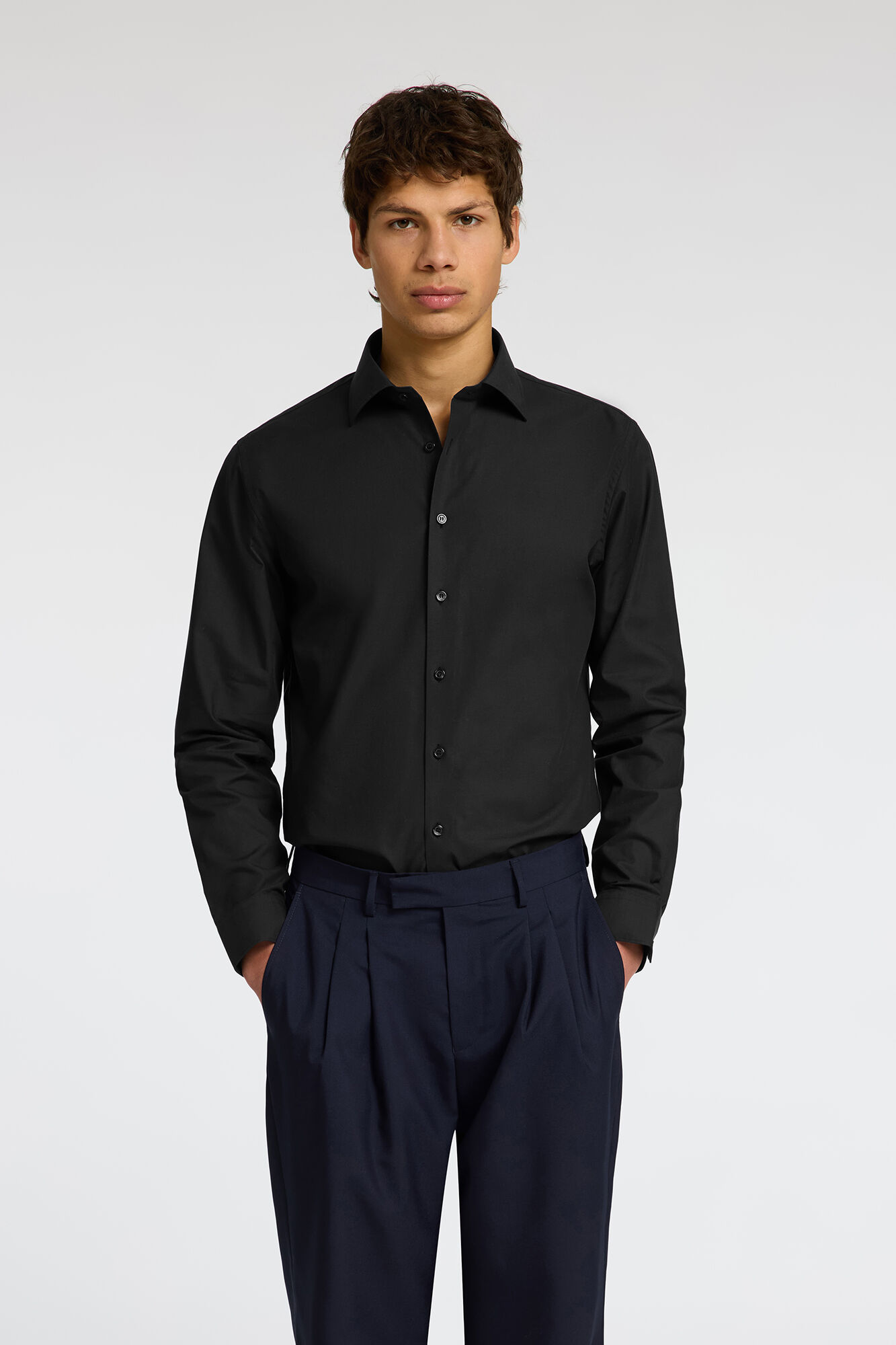 Selected Camisa de manga comprida elegante 100% algod&atilde;o Preto