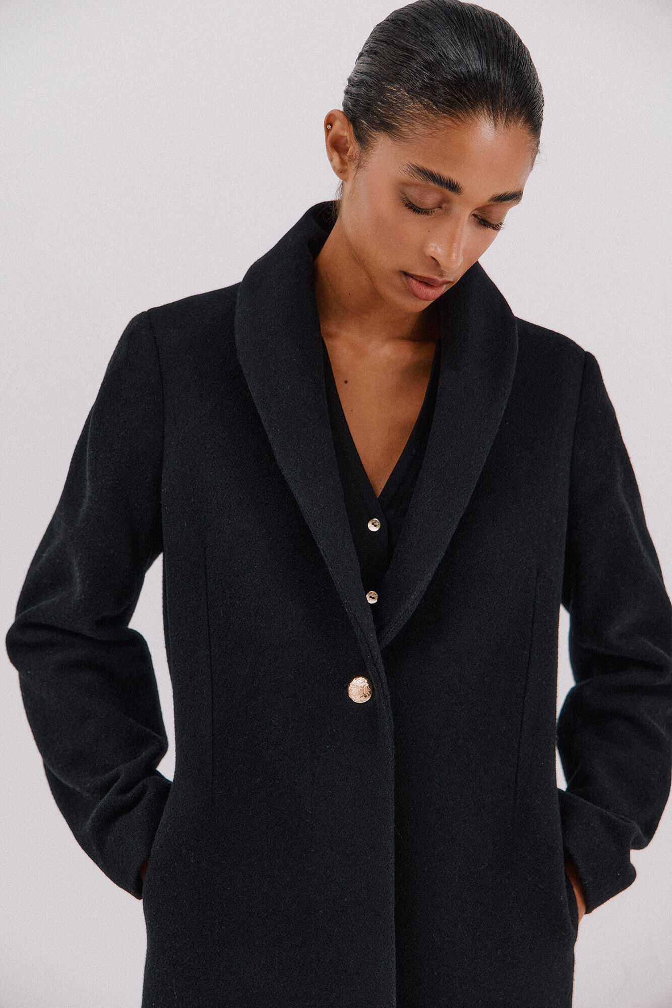 Cortefiel Coat with fur effect detail Black