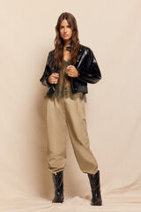 Slowlove Pantalón de sarga con pinzas trabillas para el cinturón bolsillos funcionales laterales pernera ancha cierre mediante cremallera oculta y botón Beige