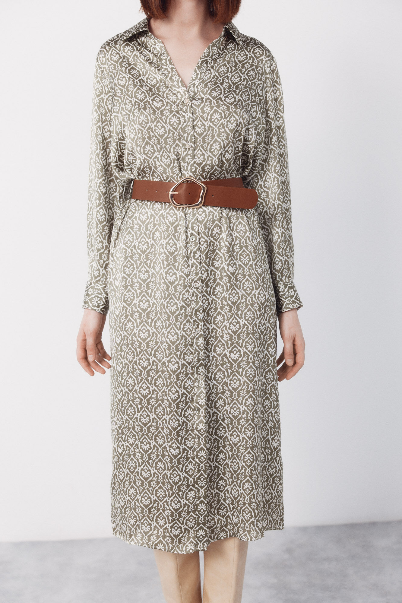 Cortefiel Satin shirt dress Printed green