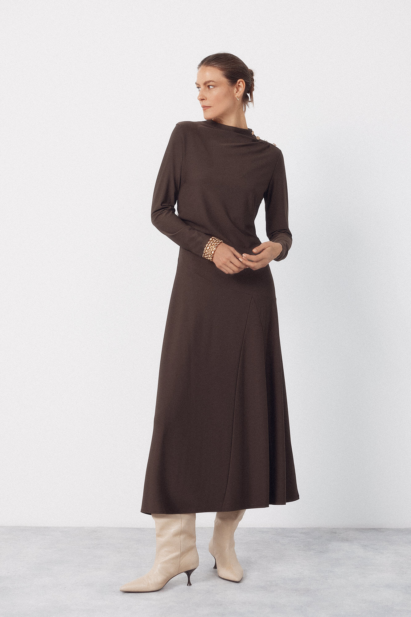 Cortefiel Long dress with gold buttons