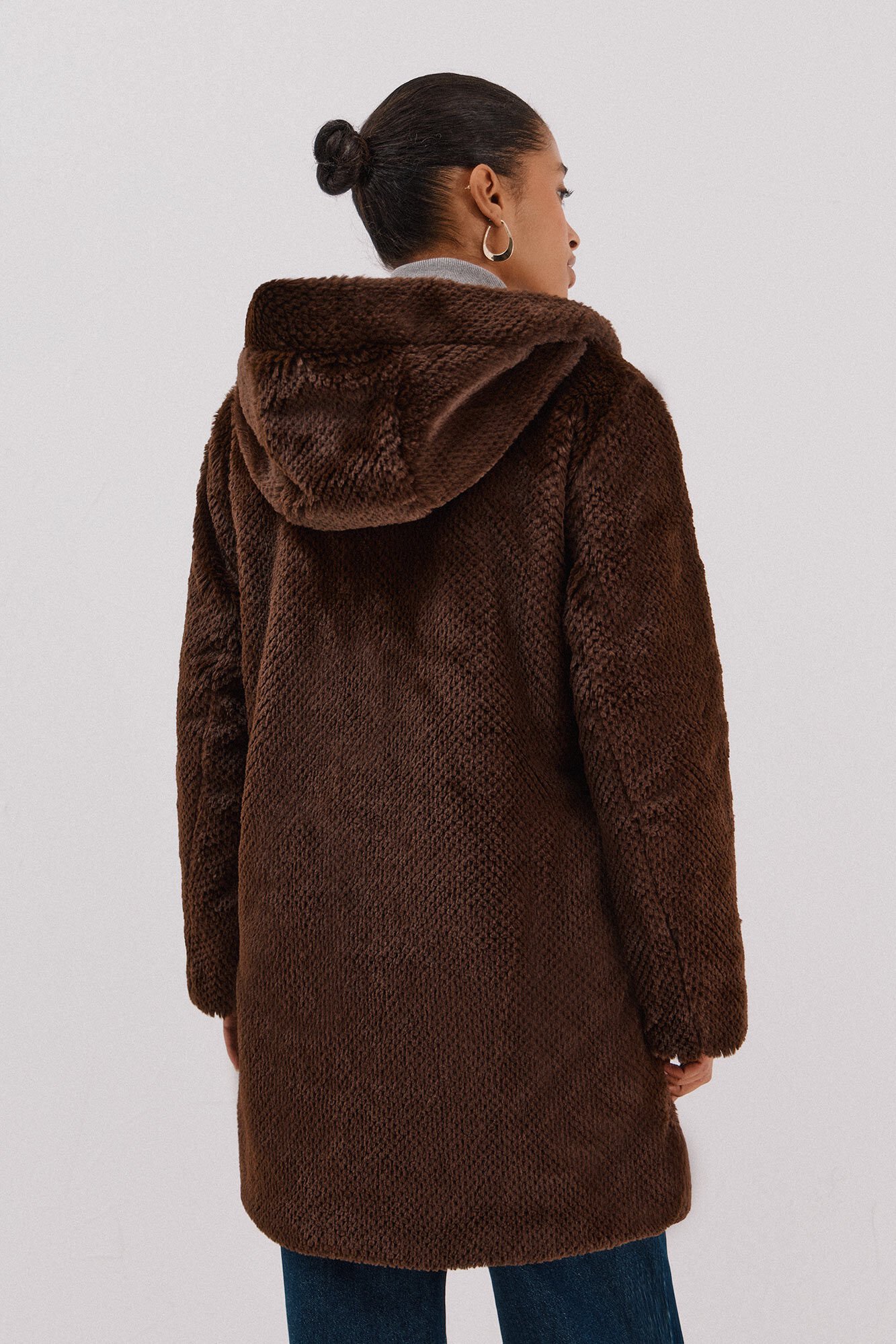 Cortefiel Long reversible faux fur coat Dark brown