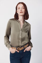 Cortefiel Printed satin mandarin shirt Kaki