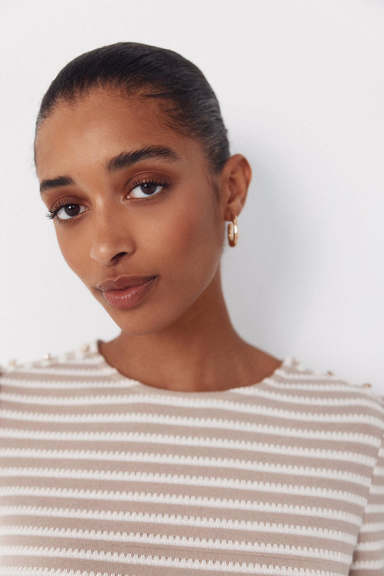 Cortefiel Striped structured t-shirt Beige