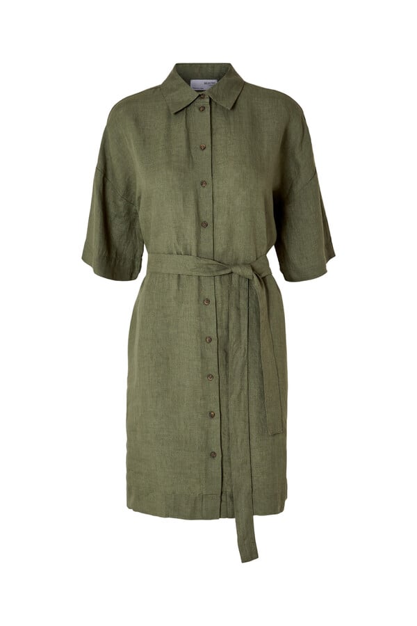 Cortefiel Short linen shirt dress with adjustable tie waist.  Green