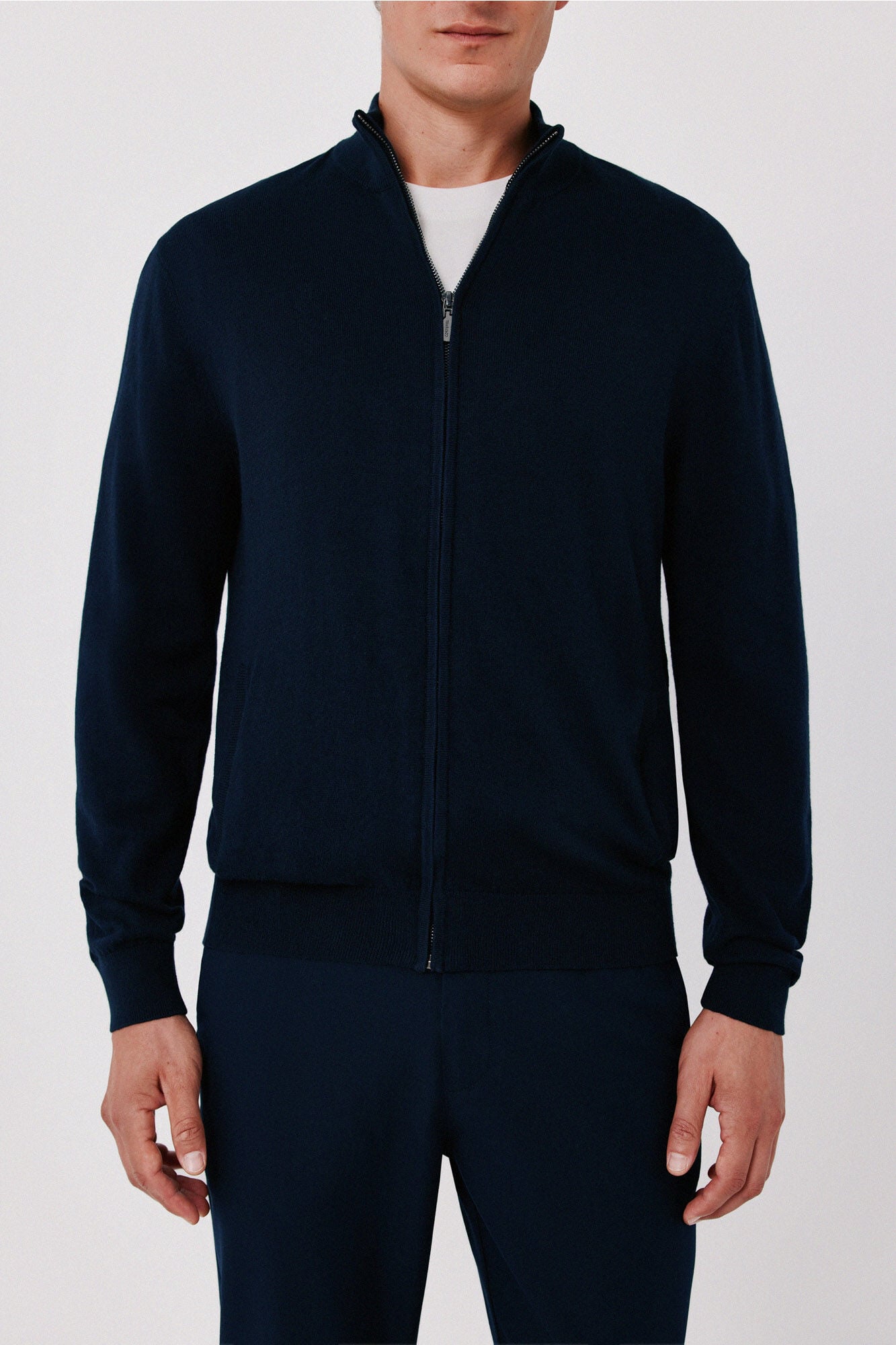 Cortefiel Cotton cashmere knit zip fastening cardigan Navy