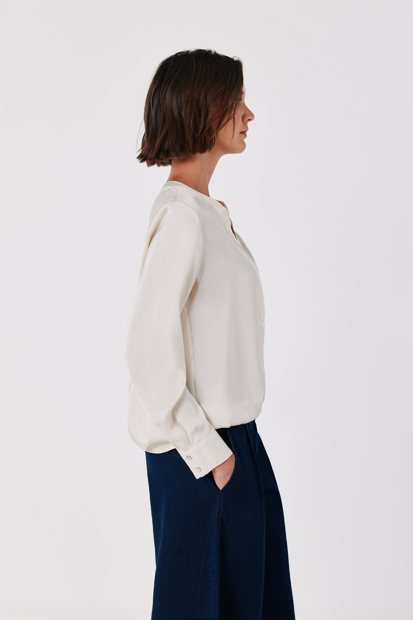Cortefiel Satin-finish polo shirt blouse Ivory