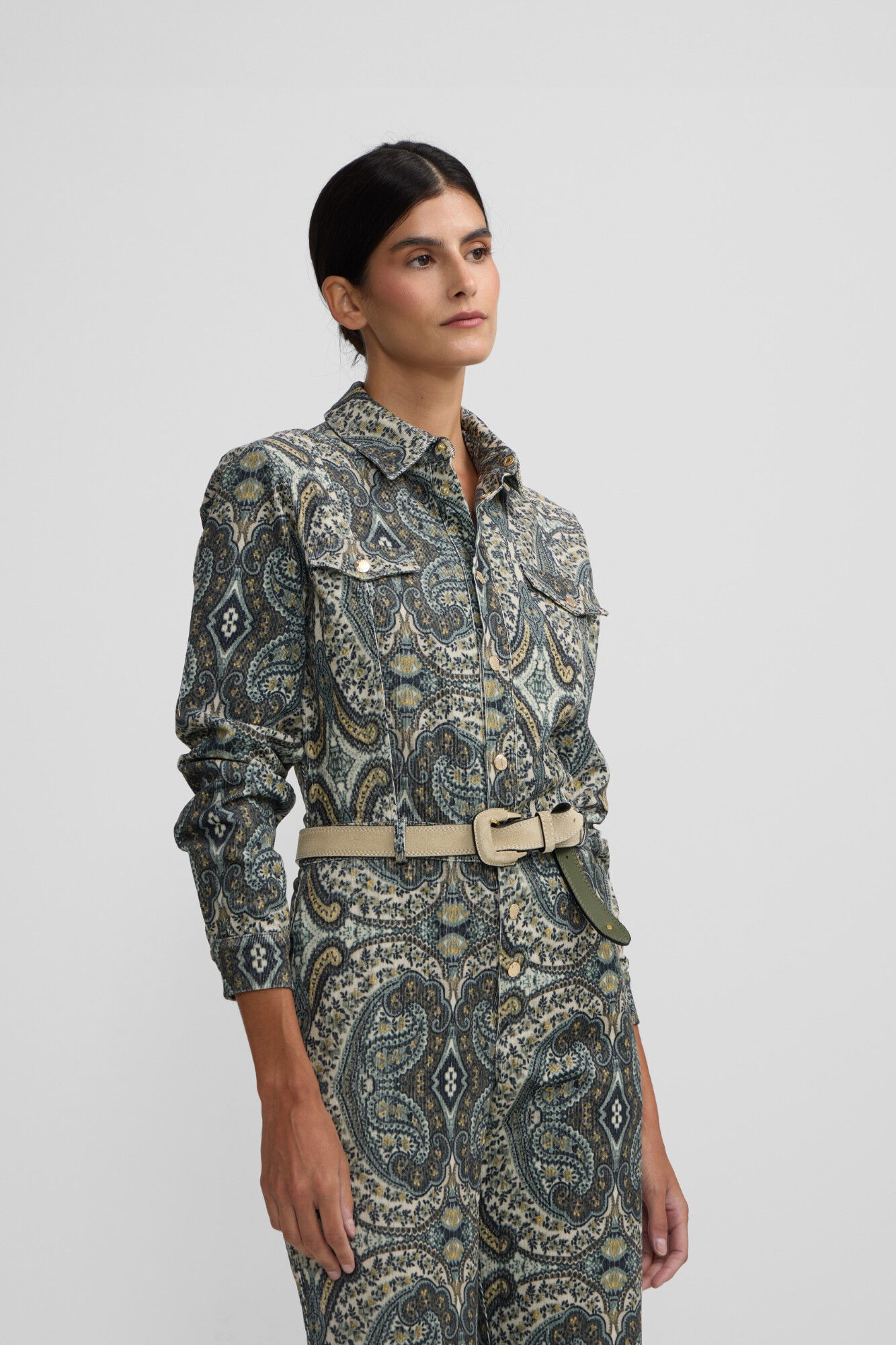 Silbon Macac&atilde;o de veludo cotel&ecirc; com estampado de caxemira Verde