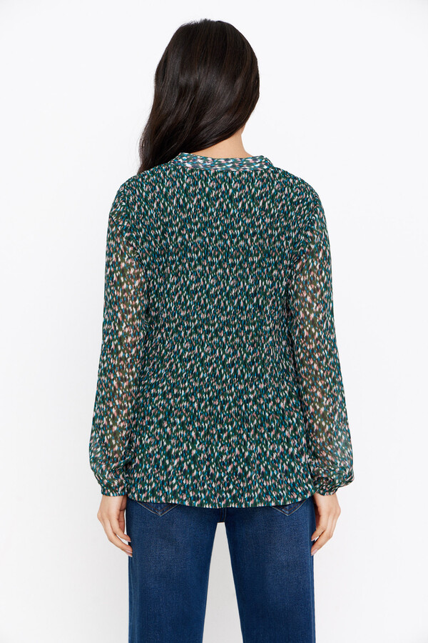 Cortefiel Round neck pleated blouse Printed green