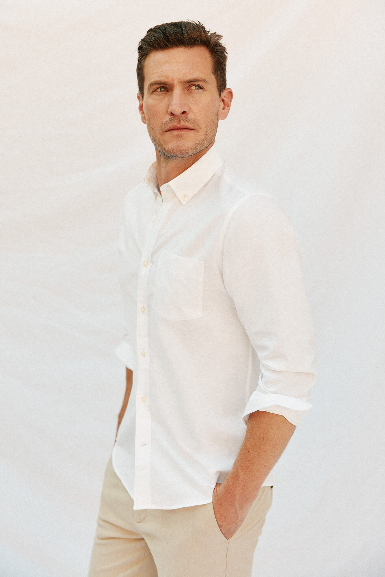 Cortefiel Plain linen/cotton shirt White