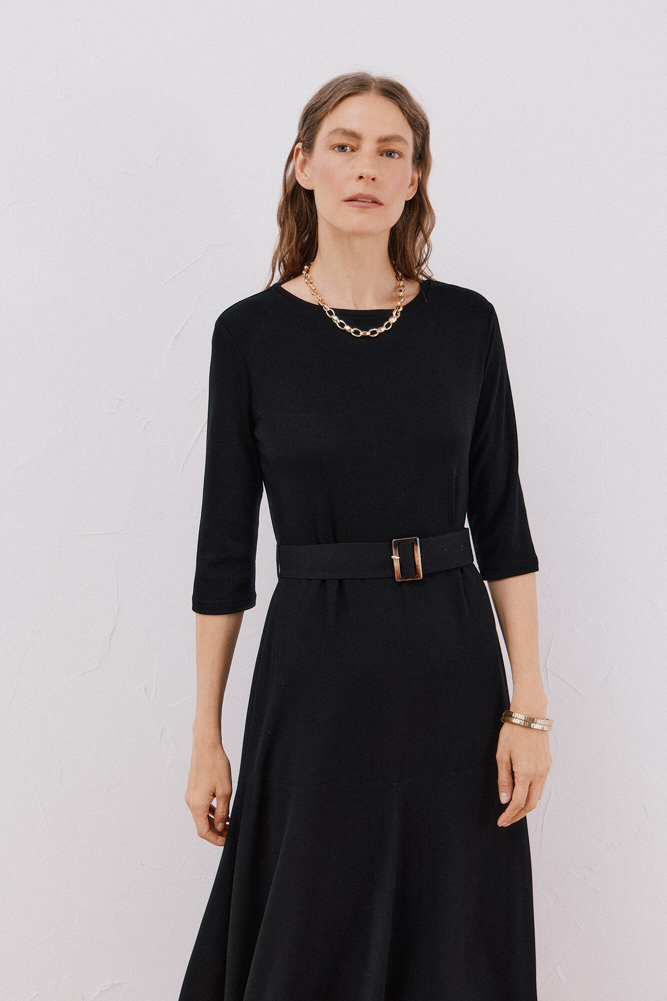 Cortefiel Vestido combinado com cinto Preto