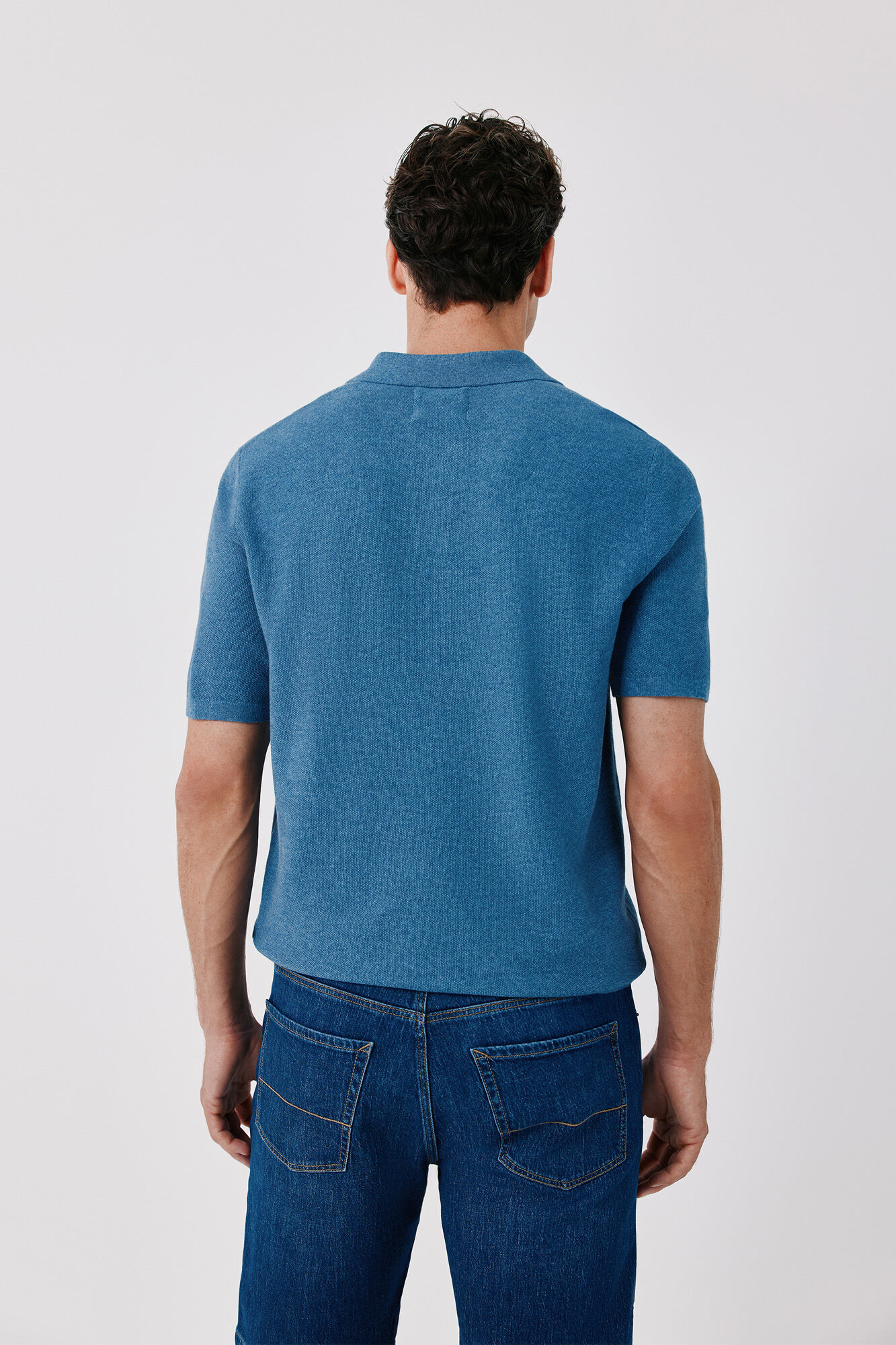 Cortefiel Cotton knit short sleeve polo shirt Blue