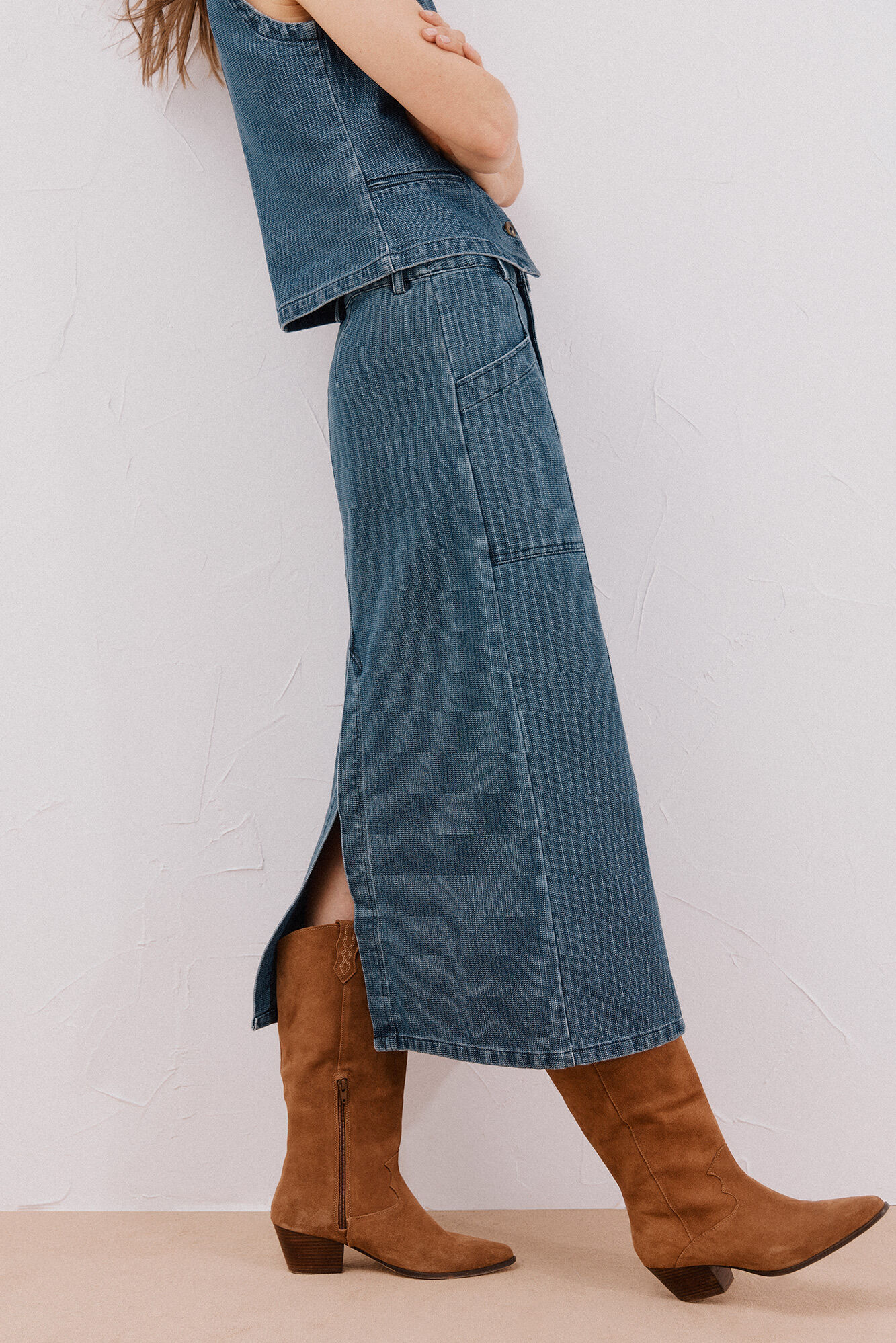 Cortefiel Textured denim skirt Blue