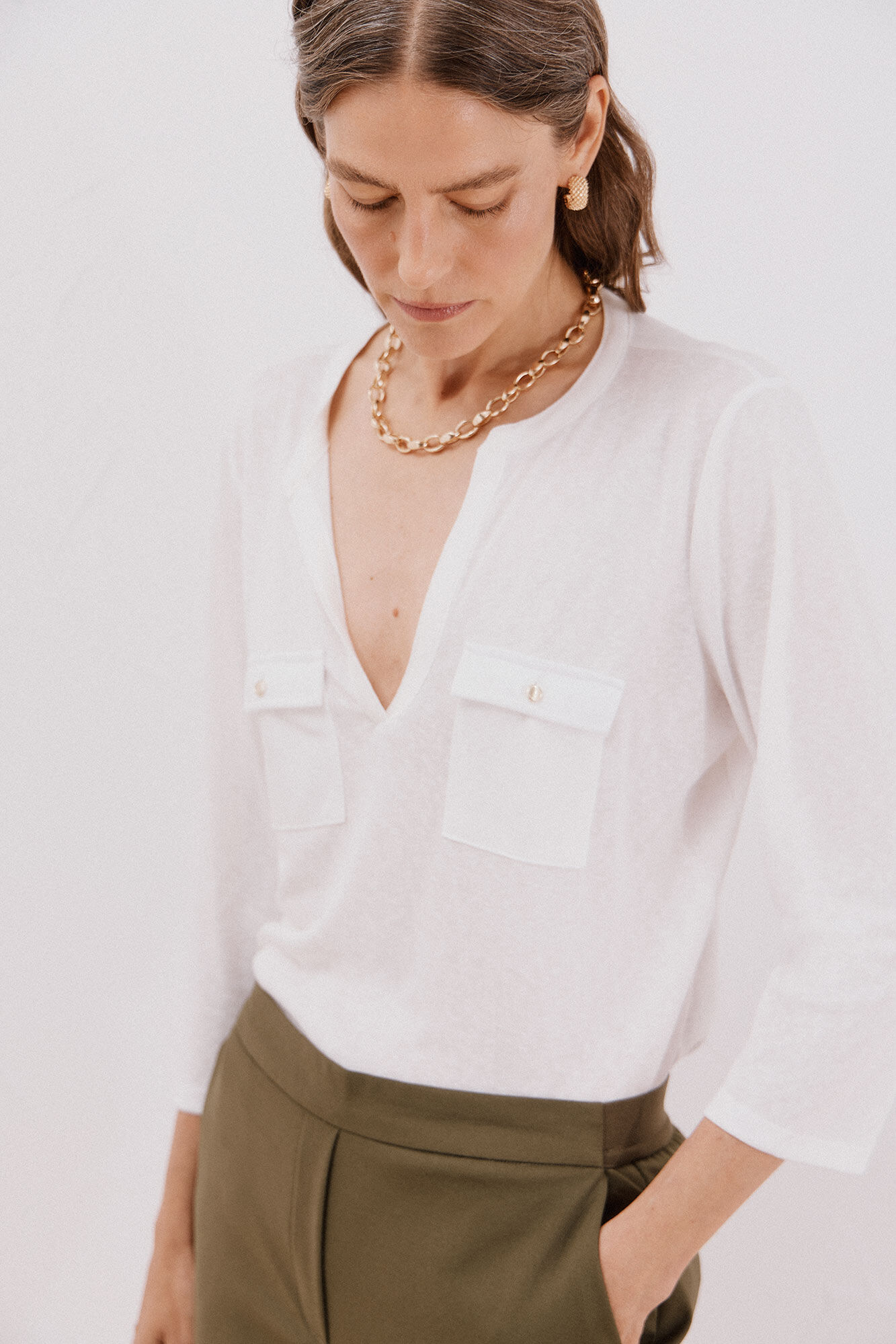 Cortefiel linen effect mandarin collar T-shirt