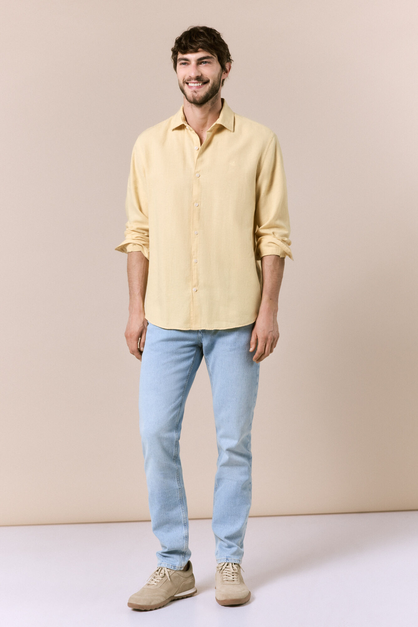 OOTO Camisa manga comprida em algod&atilde;o e linho Dourado