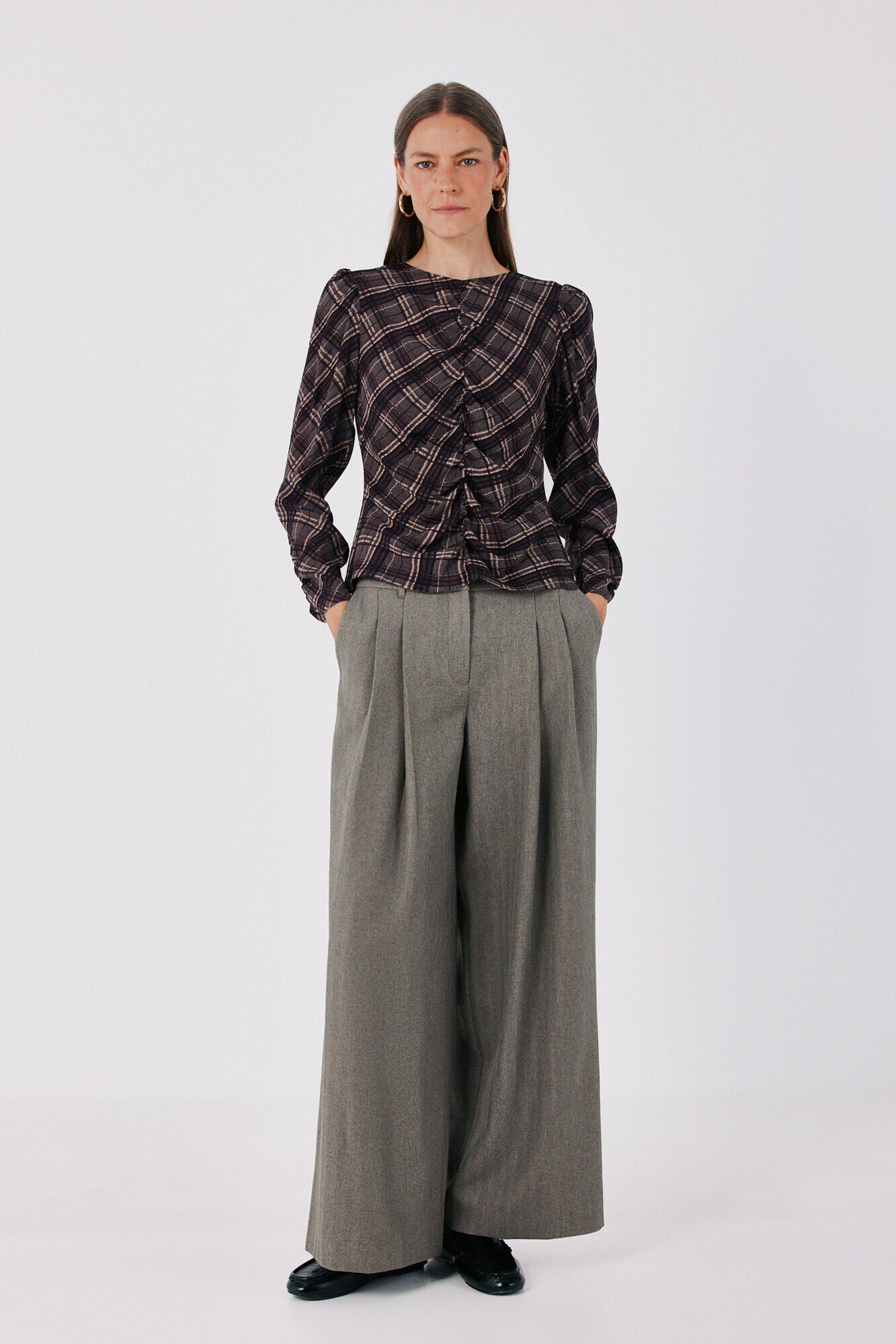Cortefiel Blusa xadrez cintada com franzido