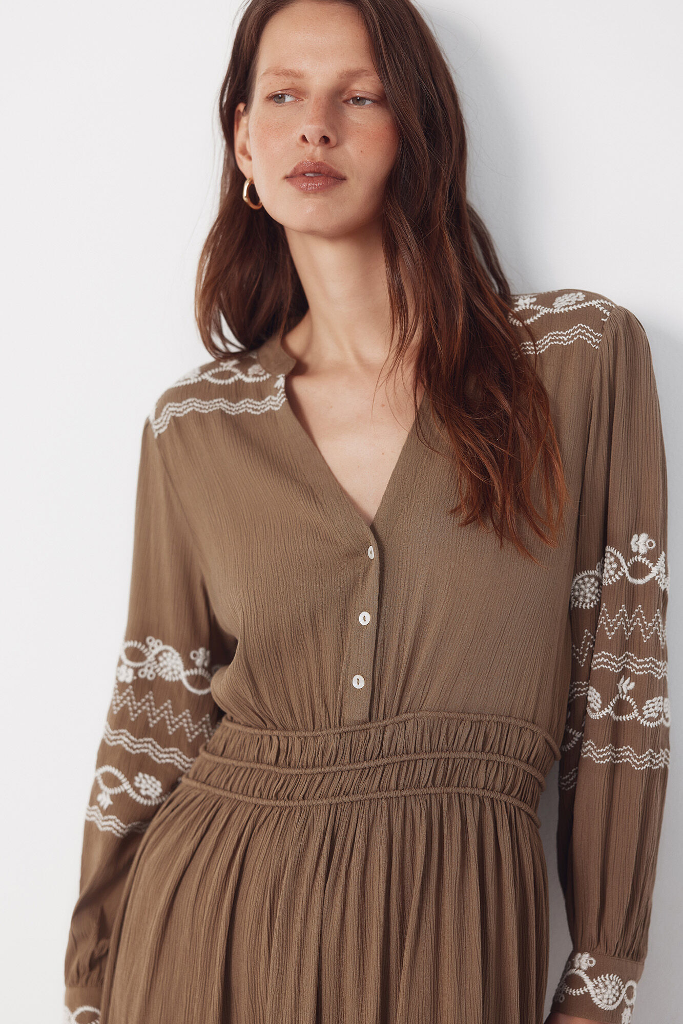 Cortefiel Embroidered dress Kaki