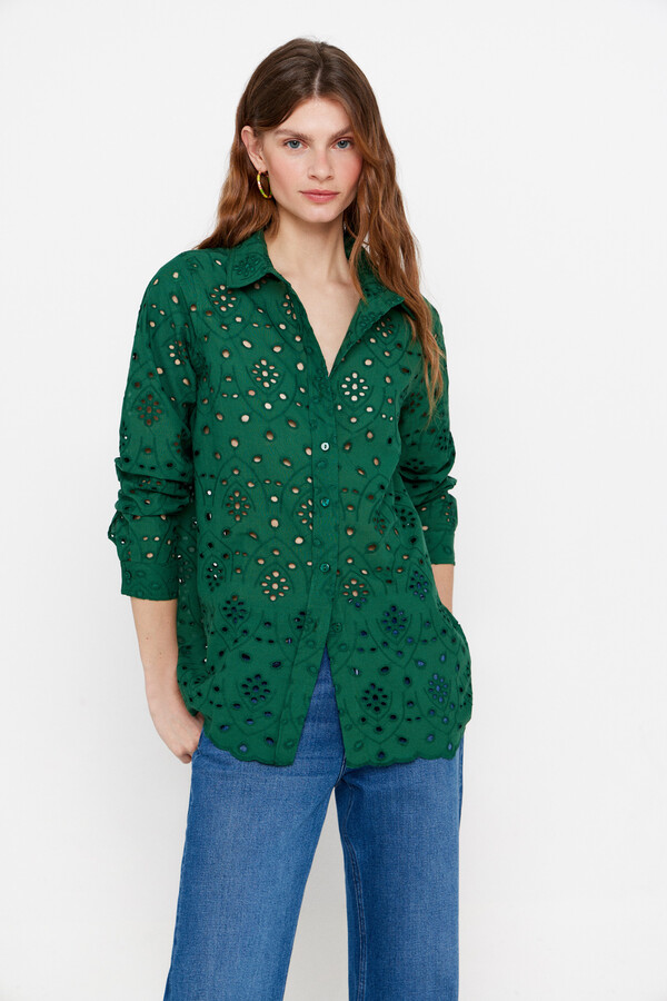 Cortefiel Camisa algodão bordado Verde