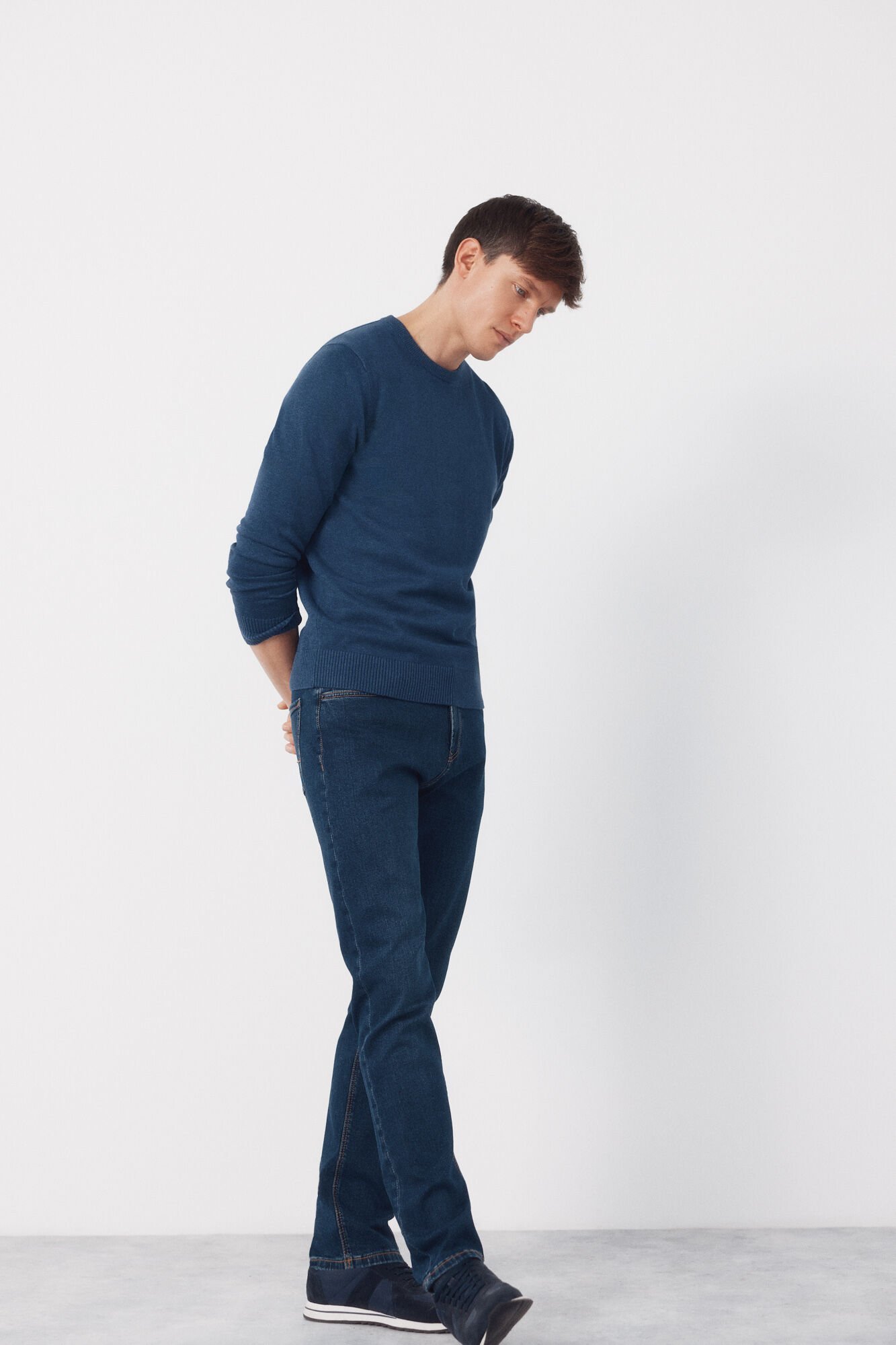 Cortefiel Basic cotton knit round neck jersey-knit Blue