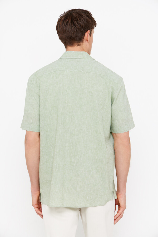 Cortefiel Camisa lino algodón liso manga corta Verde oscuro