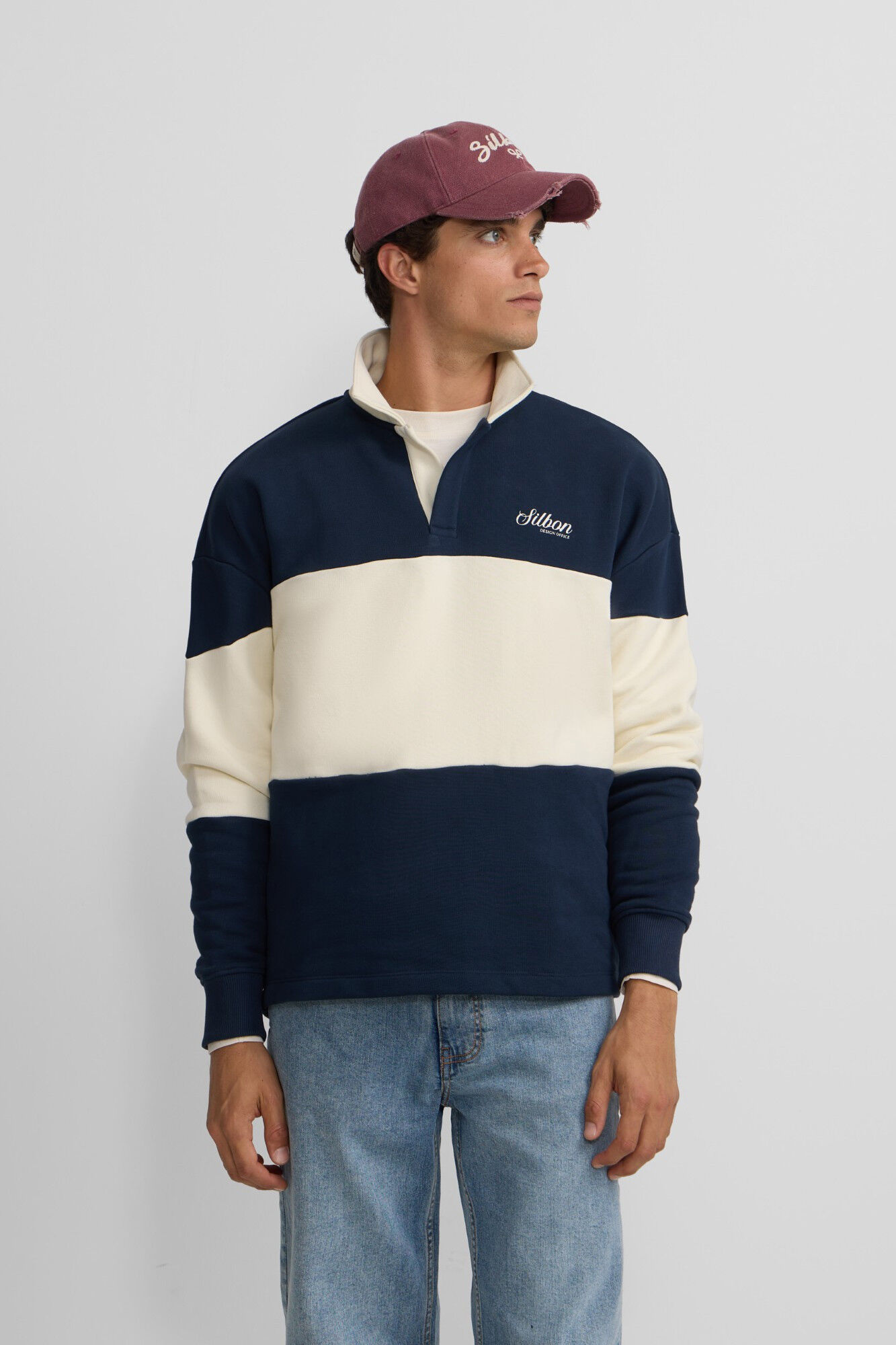 Silbon Moletom com gola polo e sweatshirt de ajuste relaxado Azul
