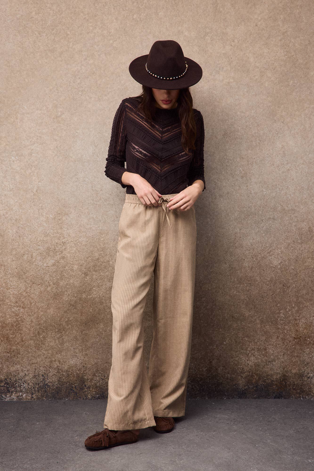Slowlove Cal&ccedil;a larga de riscas Tostado