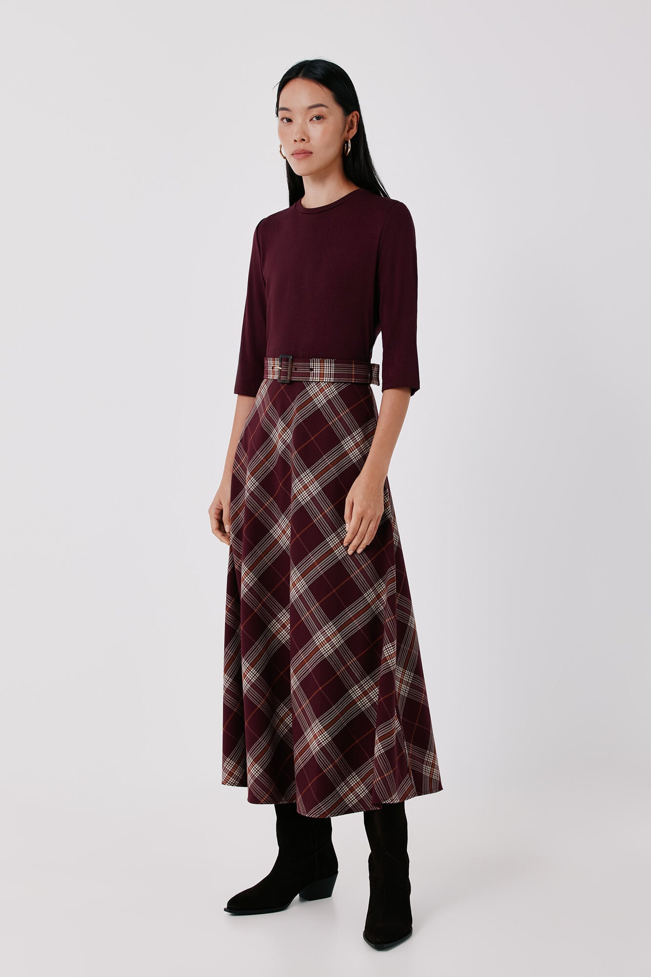 Cortefiel Plaid print ruched dress Red