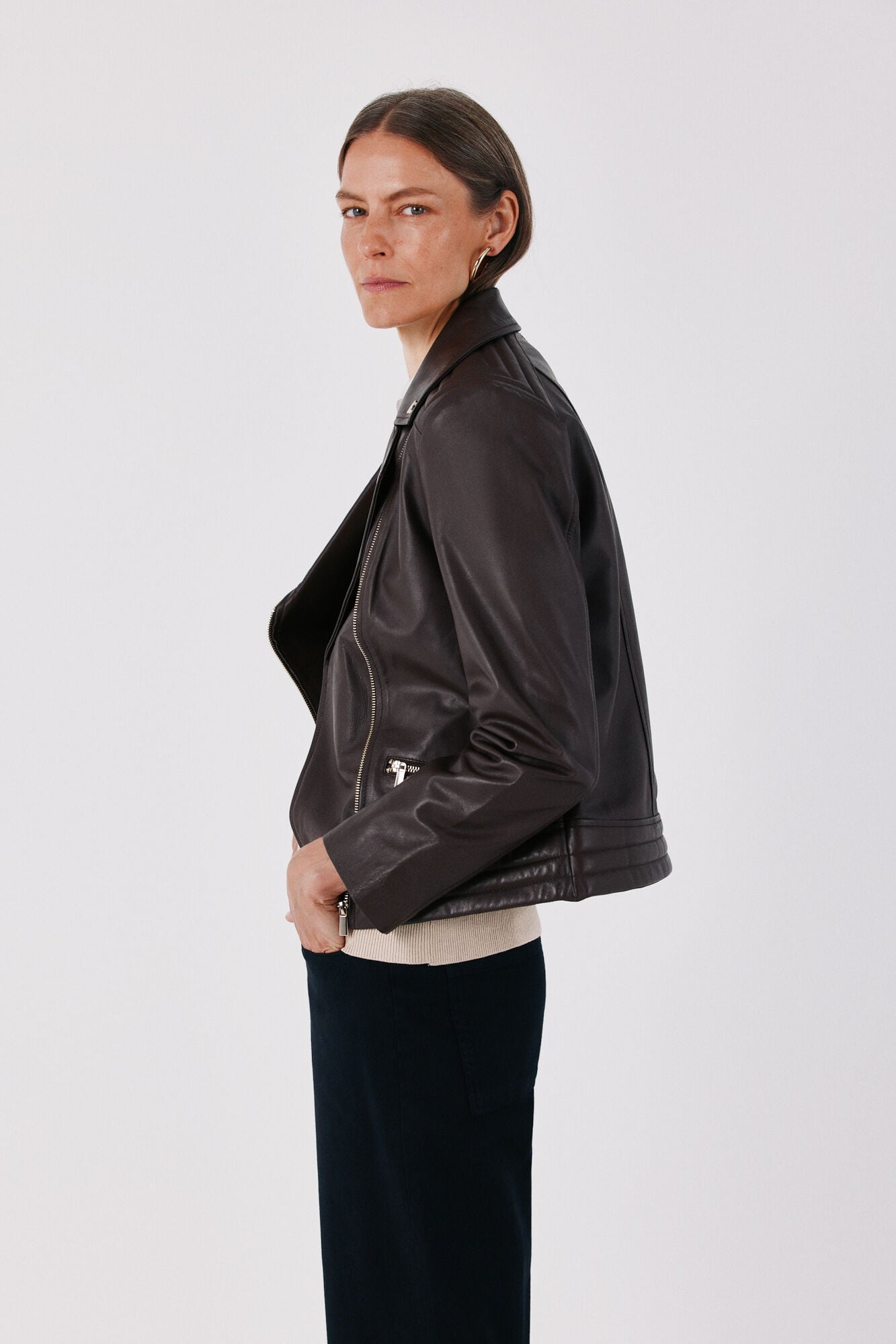 Cortefiel Leather zip fastening jacket Dark brown