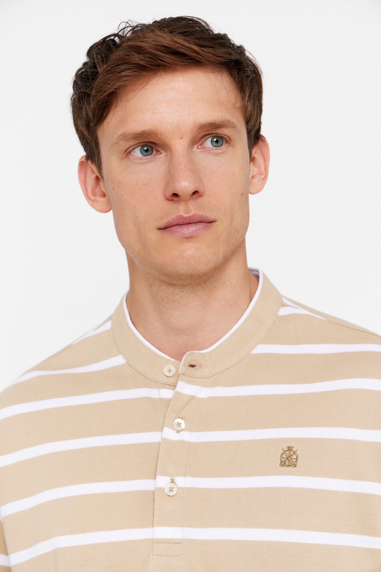 Cortefiel Striped polo shirt with mandarin collar Beige