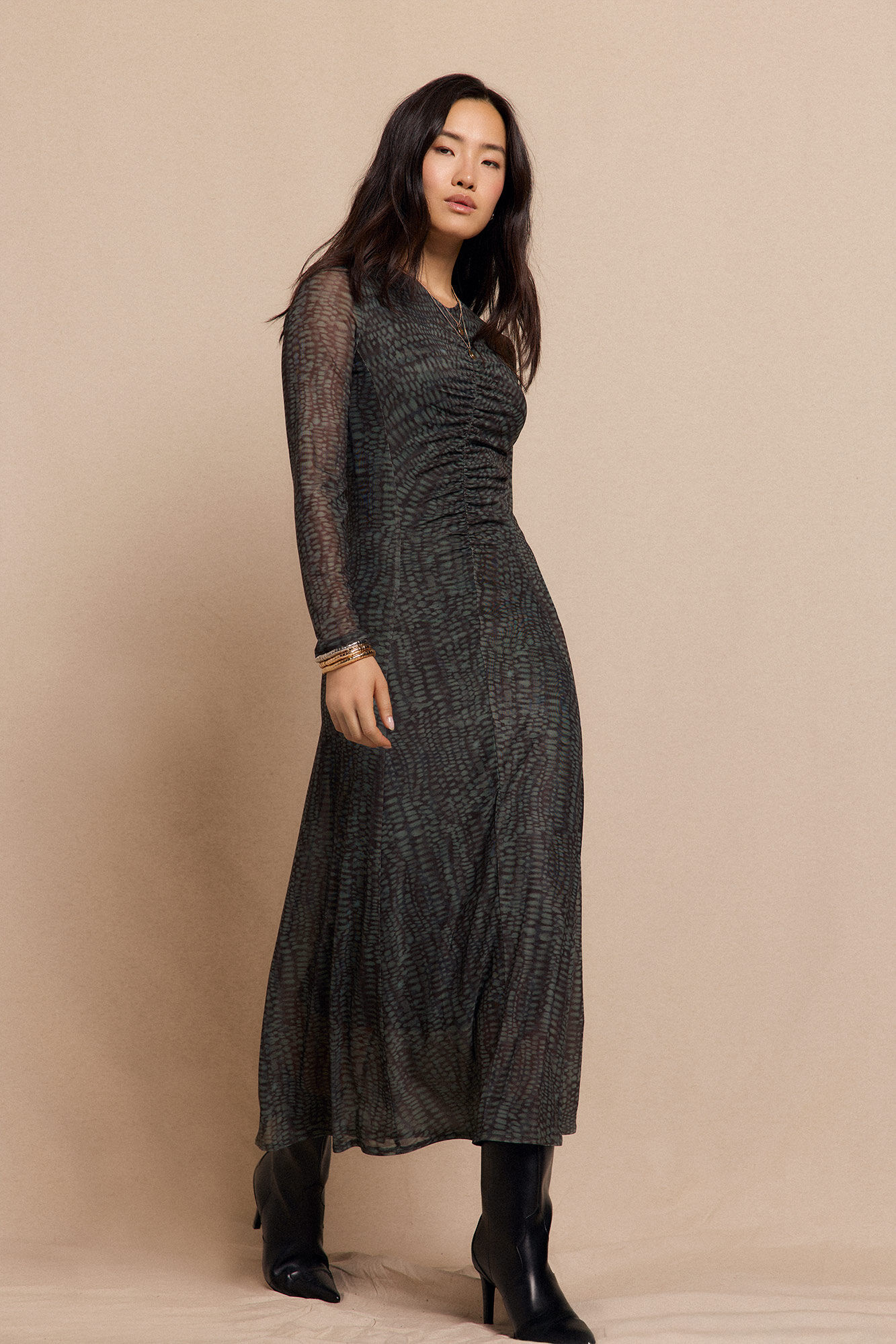 Slowlove Vestido malha estampado franzido Cinzento